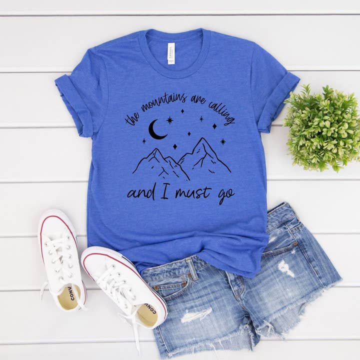 Camiseta con estampado Mountain Adventure Heather Royal Blue para venta al por mayor de Indigo Bramble Boutique