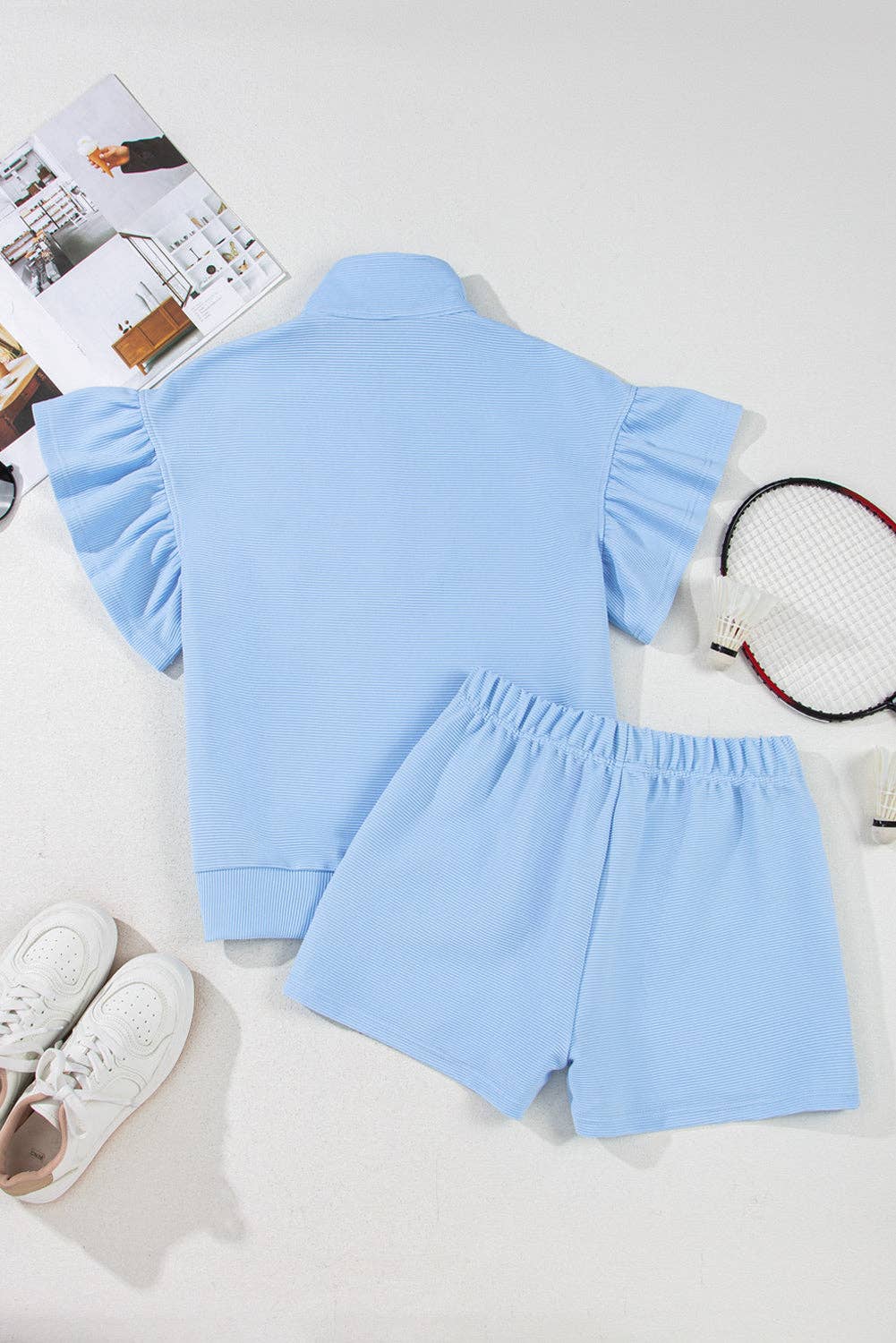 Beau Blue Ribbed Texture Half Zip Ruffled Short Sleeve Top and Shorts Set for wholesale on Faire7