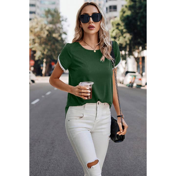 Supreme Fashion - Wholesale Blouse - Women's - Crewneck Short Sleeve Lace Trim Loose T Shirts