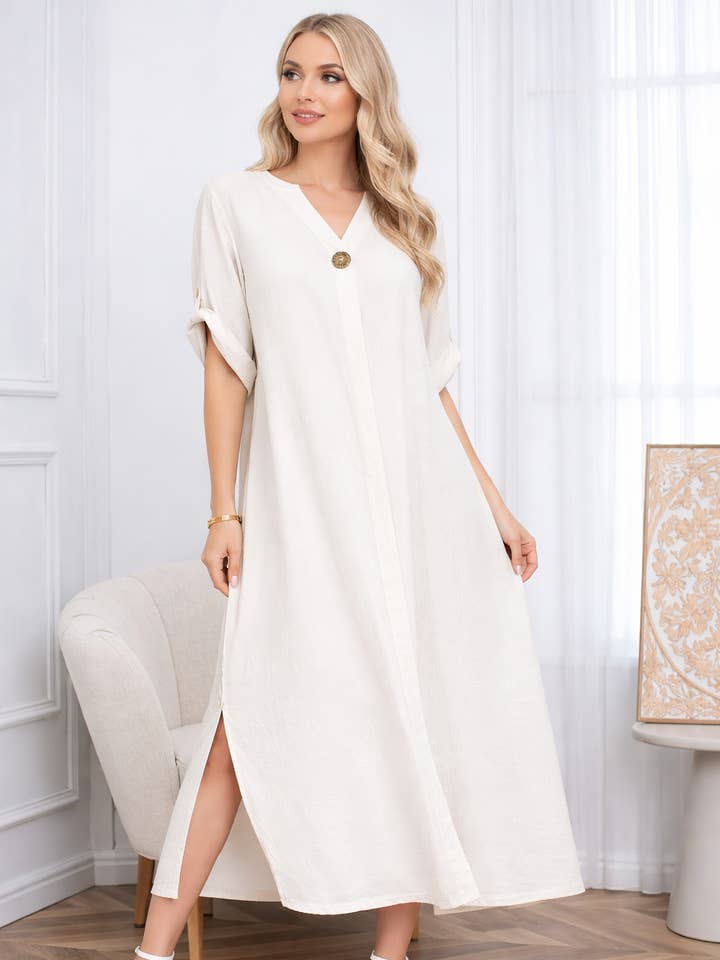 Vestido midi de lino mezcla de ajuste relajado con cuello dividido para venta al por mayor de Lucy Sparks