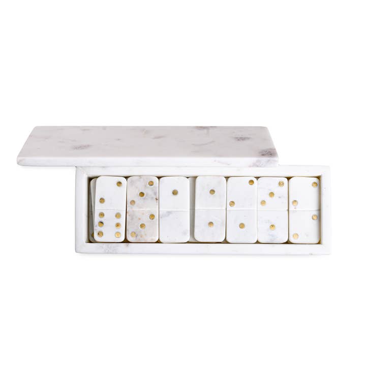 White Marble Dominoes Set W/Brass Dots Inlay for wholesale on Faire