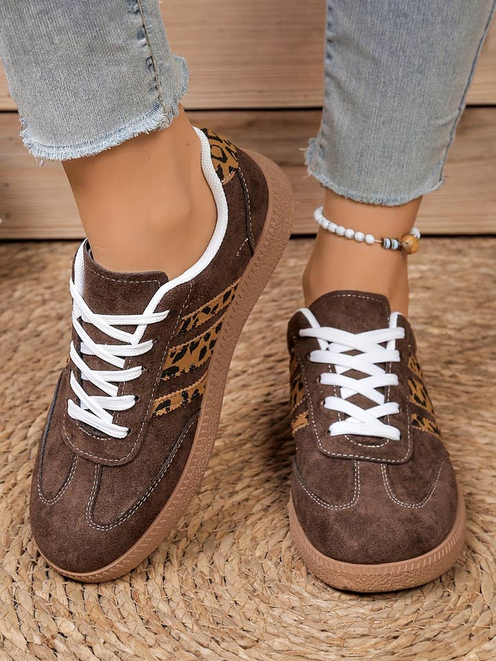 Contrast Lace-up Leopard Patchwork Detail Faux Suede Shoes for wholesale by fashionworks