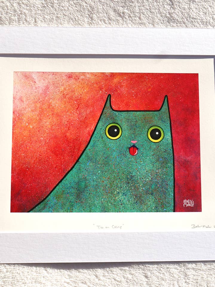 "Tito On Catnip" Signed Fine Art Print for wholesale by Belu Malu