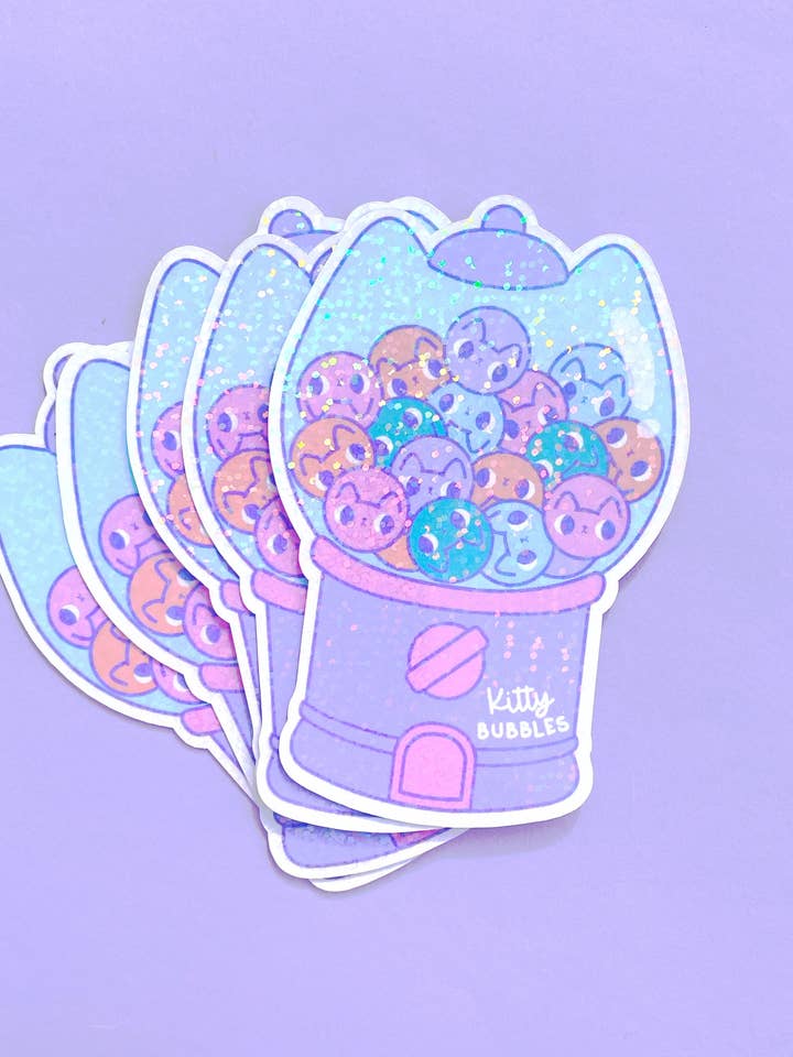 Cat bubblegum sparkly holographic vinyl sticker for wholesale by Paper Cat Club