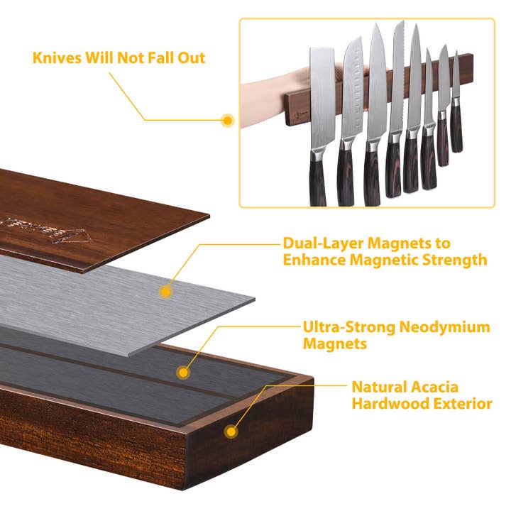 Senken Knives - Wholesale Knife Storage - Acacia Wood Magnetic Knife Strip - Wall Mounted Knife Holder