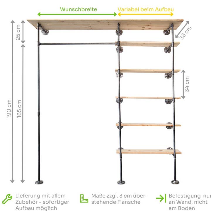 Industrieel stijl kledingkast systeem Space High met gewenste breedte tot 140 cm voor wholesale door various - Design aus Stahlrohr