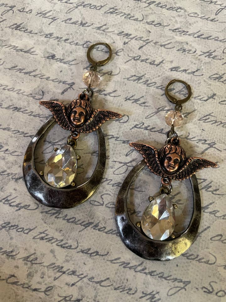 Mixed Metal Cupid Hoop Earrings-Victorian/Museum Gift for wholesale by Savannah Hoffman Designs Artisan Jewelry