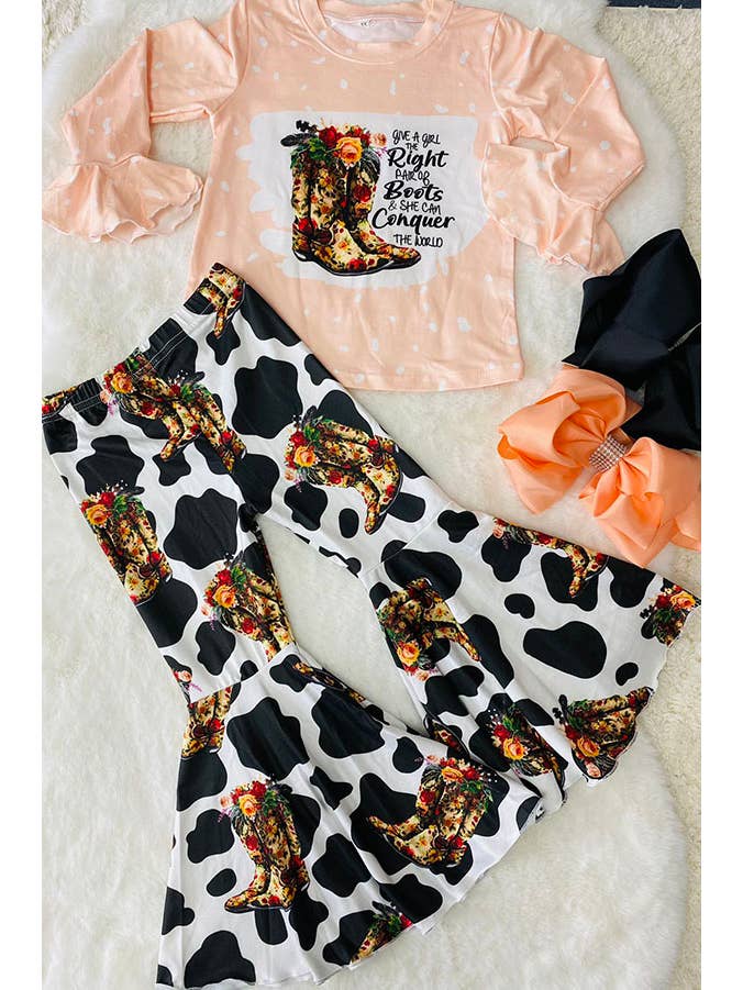 luluclothes - Wholesale Top & Pant Set - Kids - Western boots printed pink top & pant girls set DLH2695