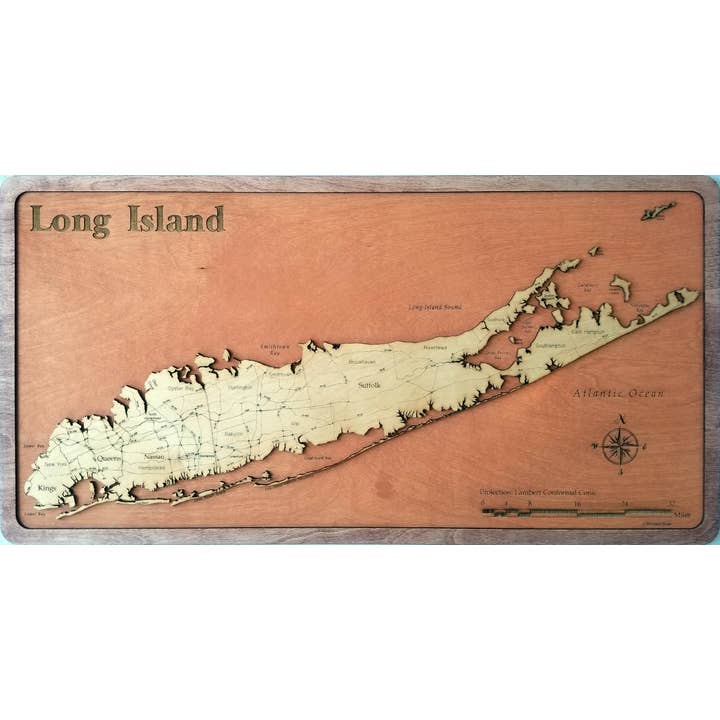 Mappa in legno di Long Island, NY per la vendita all'ingrosso da parte di Meridian Maps