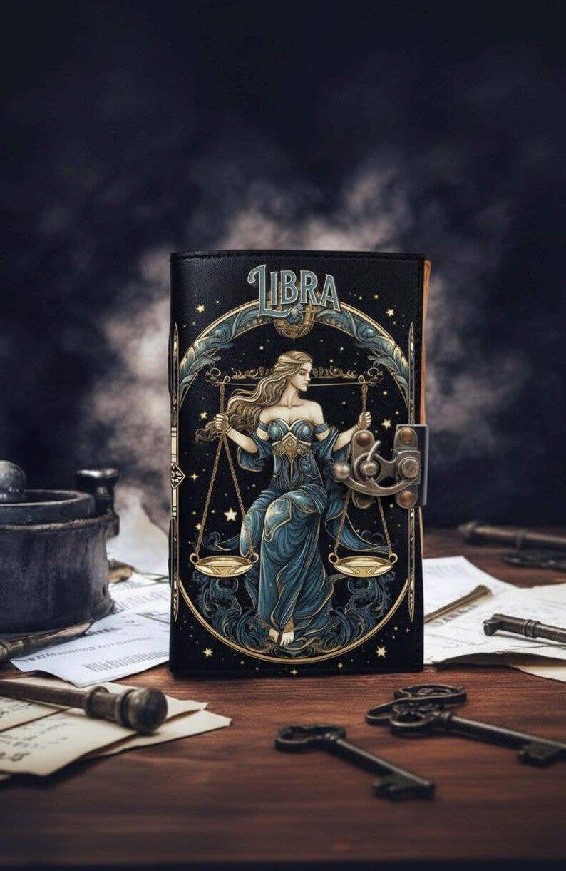 MNM HANDICRAFTS - Vente Journal intime - Journal en cuir vintage Grimoire Balance Livre en cuir du zodiaque0