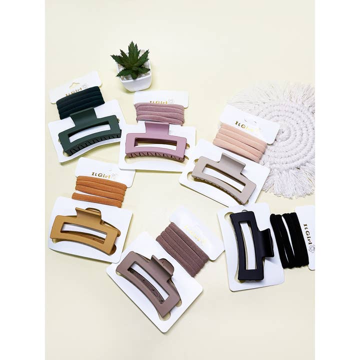 ASSORTED COLOR Tone Tone Rectangle Hair Claw and Hair Tie Set for wholesale on Faire3
