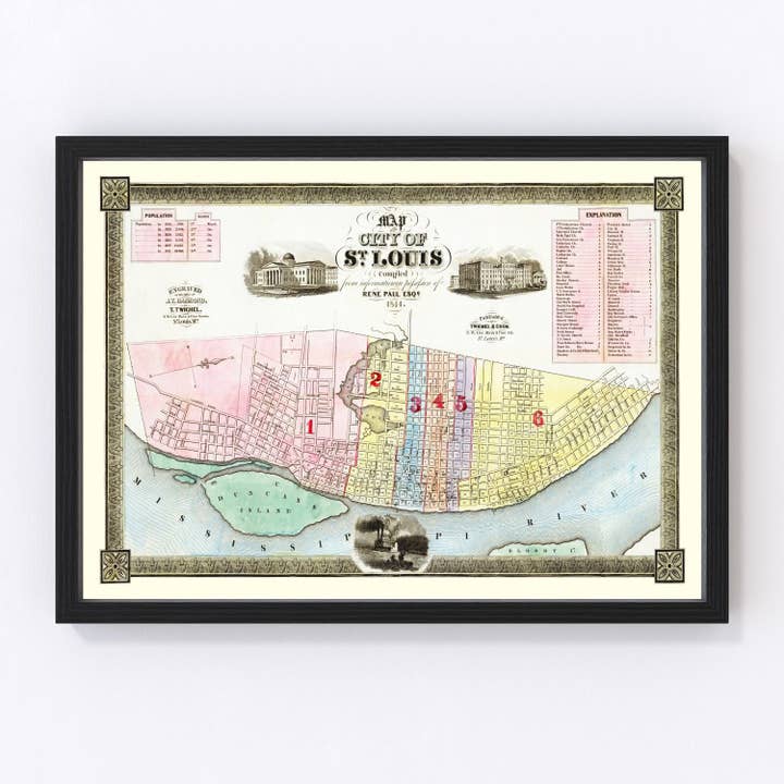 Vintage Map of St Louis, Missouri 1844 for wholesale by Ted's Vintage Art