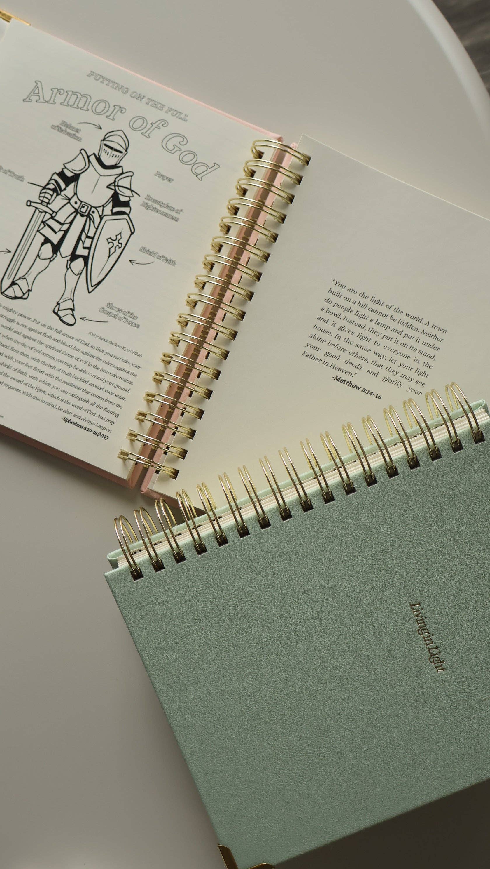 Living In Light - Venta al por mayor Agendas - Planificador Espiral de Cuero Premium - Planificador Cristiano Moderno Sin Fechar con Estudio Bíblico, Establecimiento de Metas, Solicitudes de Oración, Rastreador de Presupuesto Financiero y Más | Cuero Menta y Rosa Rubor con Espiral Dorada11