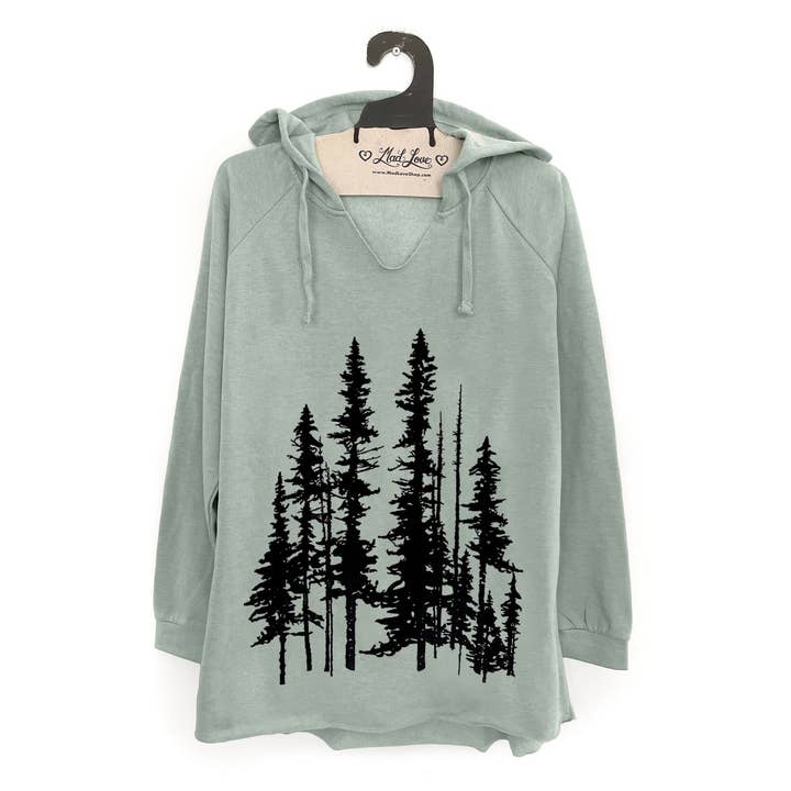 Sage Green Fleece V-Notch Beach Pullover Hood w/ Evergreens for wholesale by Mad Love Shop