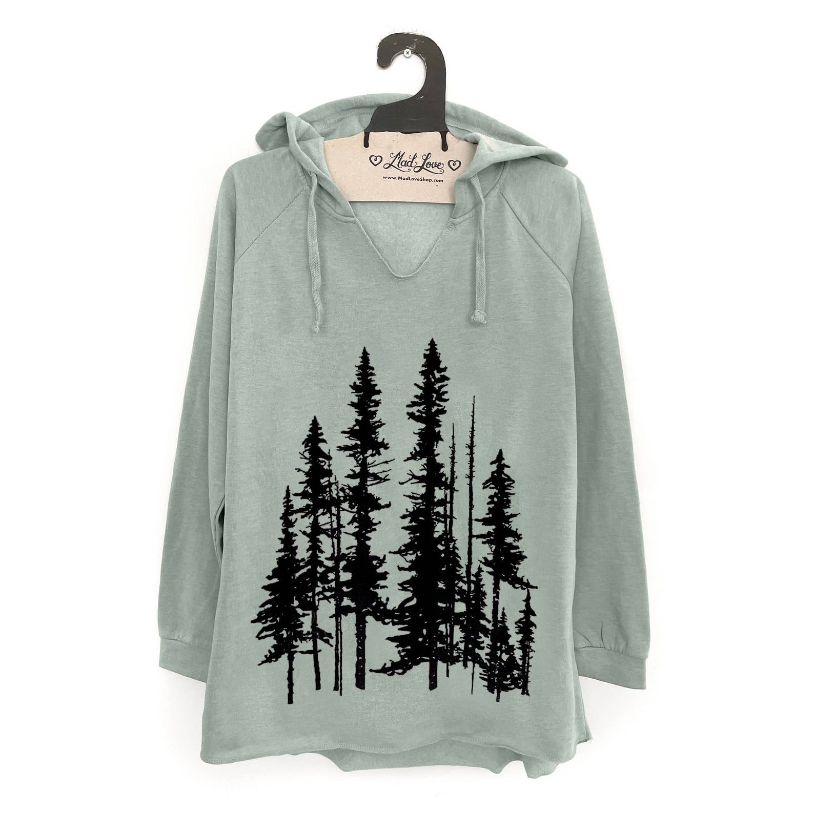 Mad Love Shop - Wholesale Hoodie - Women's - Sage Green Fleece V-Notch Beach Pullover Hood w/ Evergreens
