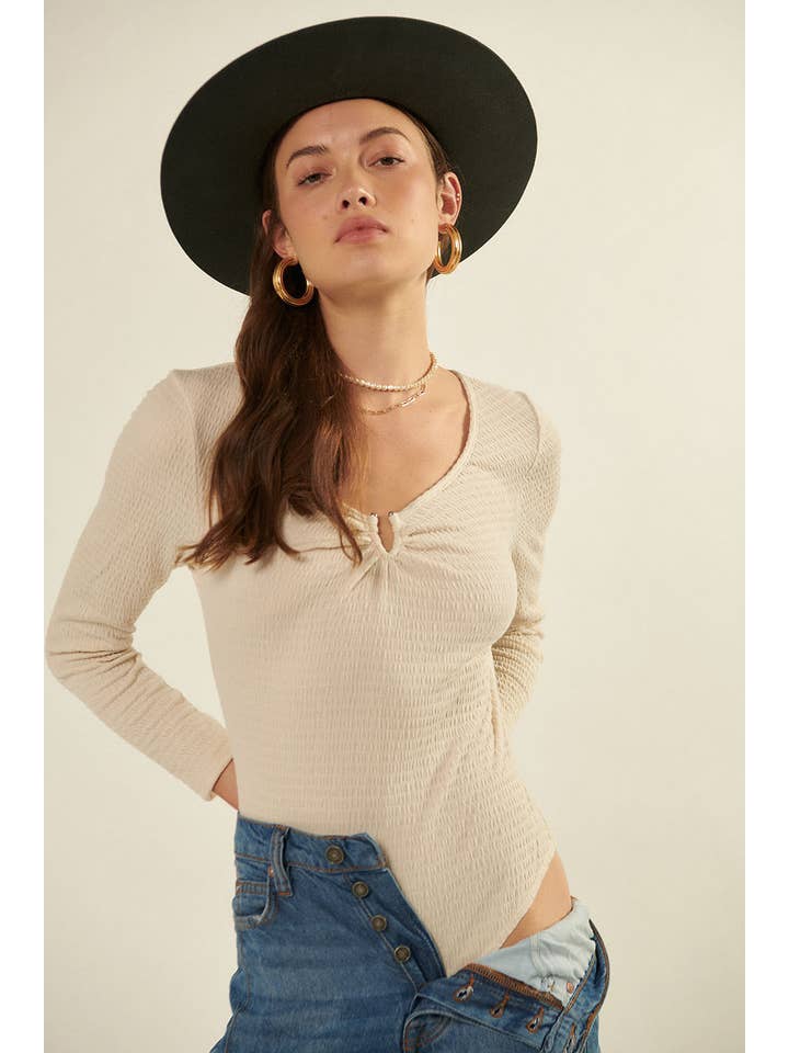 Promesa USA - Wholesale Bodysuit - Women's - Solid Smocked V-Wire Neck Long Sleeve Bodysuit