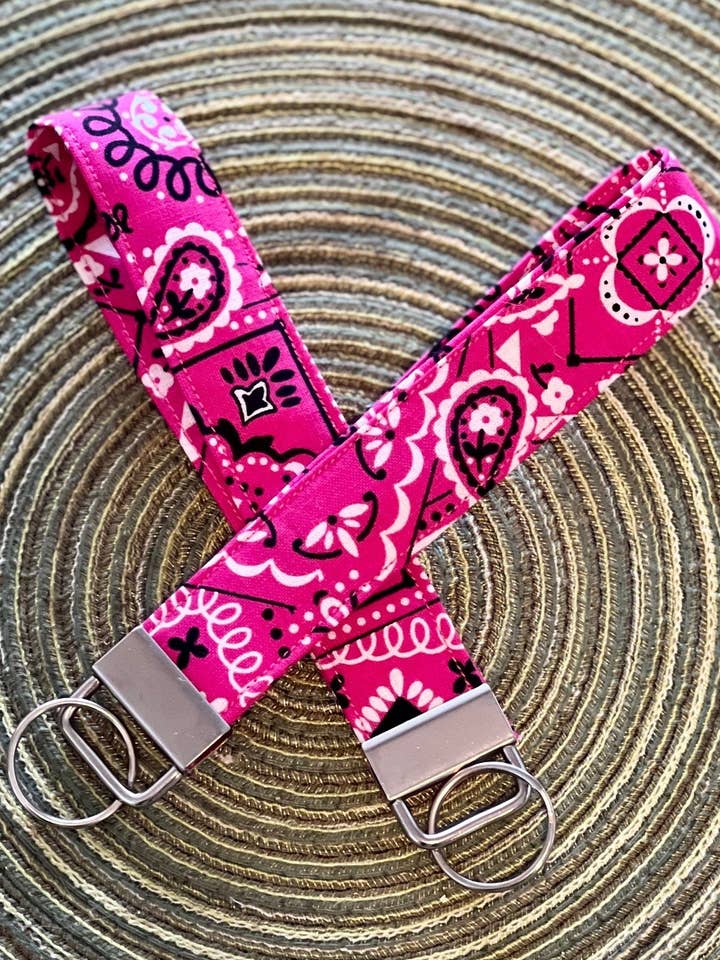 Pink Paisley Bandanna Wrist Lanyard Wristlet Keychain Key Fob for wholesale by Jbird Handcrafted