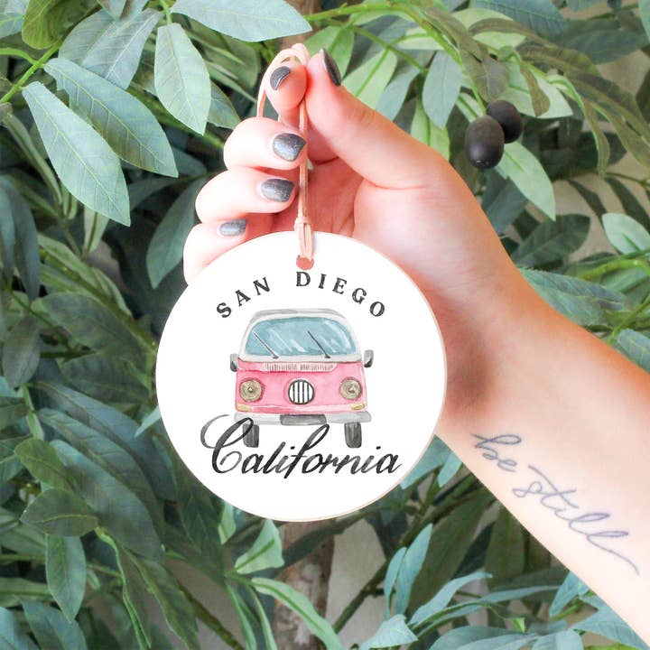 White 4" Round Ornament-Pink Van San Diego, California for wholesale on Faire