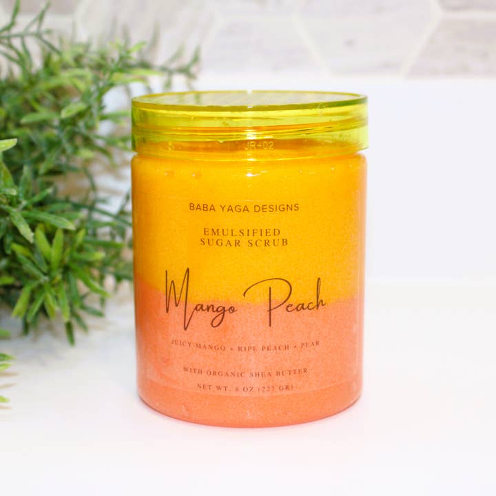 Baba Yaga Designs LLC - Wholesale Body Scrub/Exfoliant - Mango Pear Peach 8 oz Sugar Scrub Emulsified Vegan Skin Care