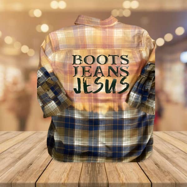 Boots, Jeans, Jesus Distressed Mystery Color Western Flannel for wholesale by Granny & Grandpa's Custom Creations