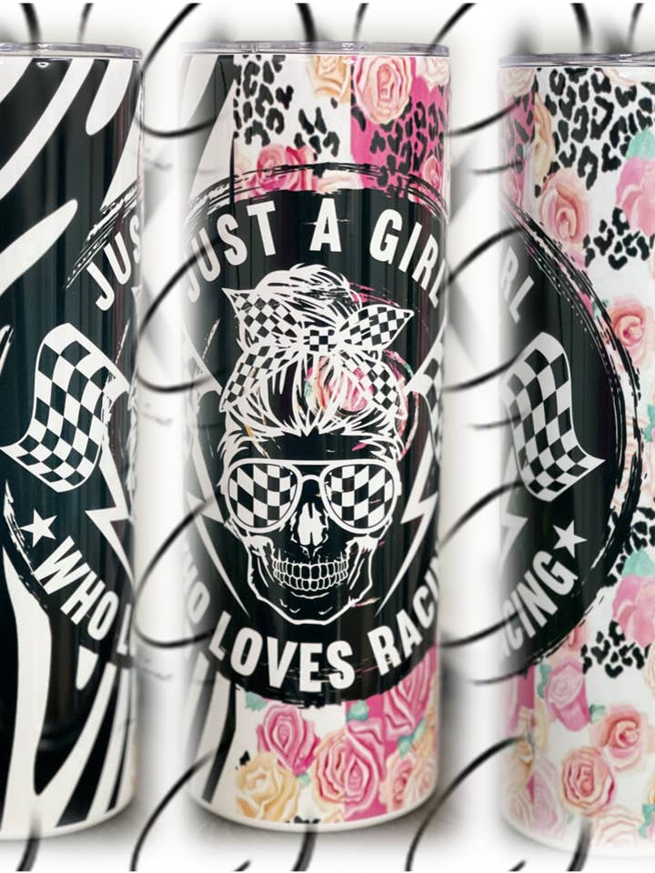 Just A Girl Who Loves Racing 20oz Skinny Tumbler for wholesale by CMD Wholesale