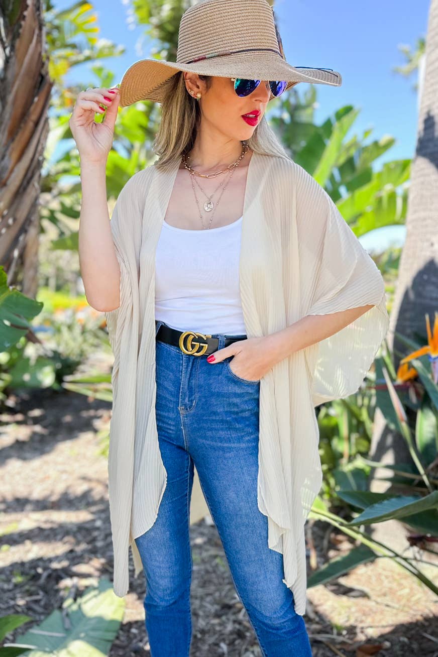 Beige Solid Pleated Chiffon Kimono Cover Up for wholesale on Faire0