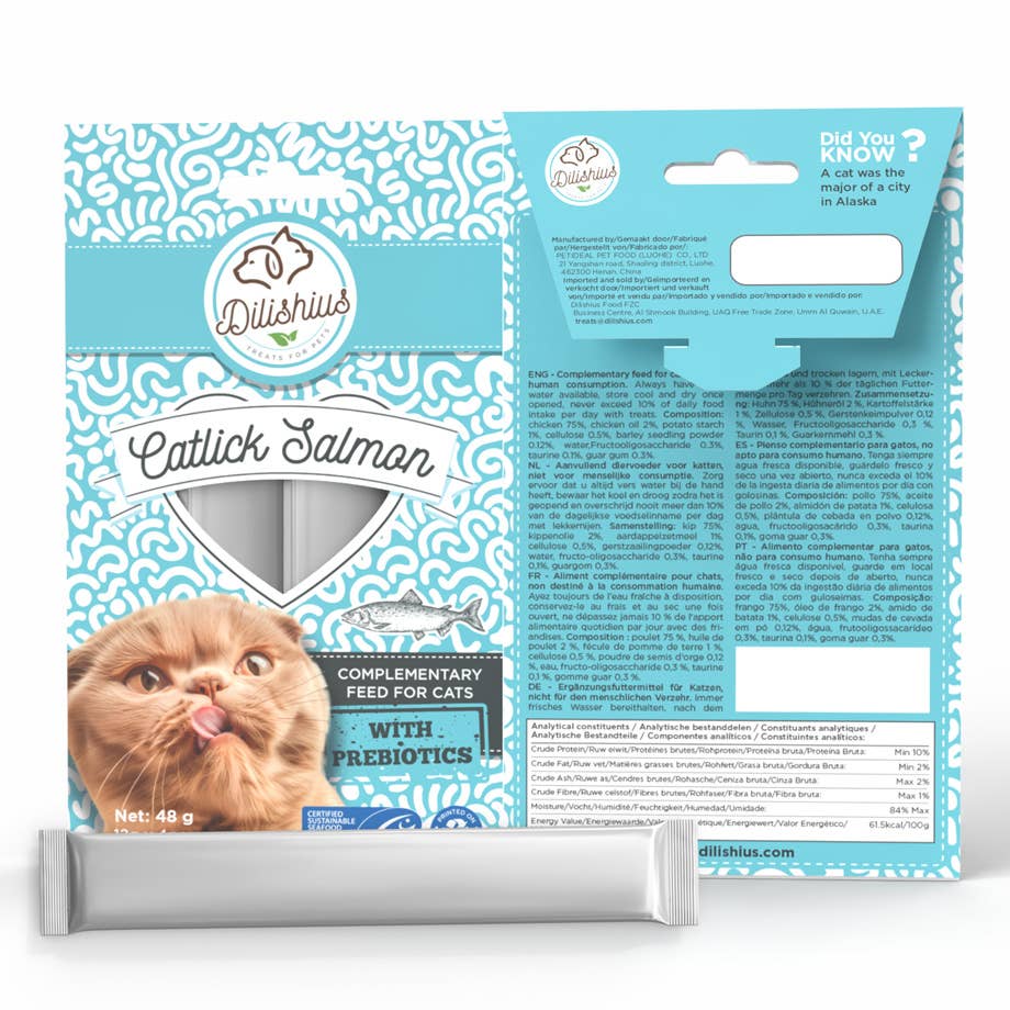 United Pet Brands - Wholesale Pet Treats - Cat - Lick Stick SALMON 48g Cat Treats with Prebiotics1