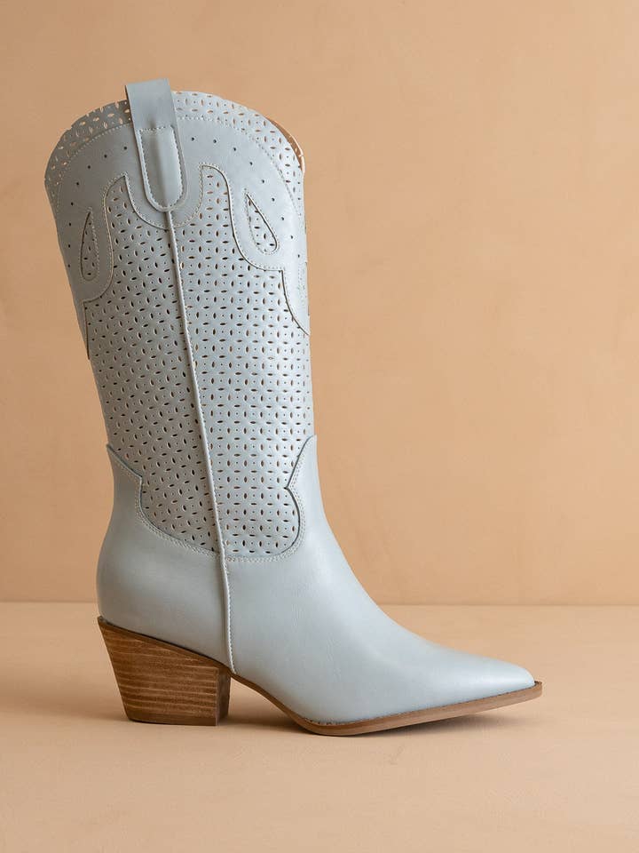 The Gabby | Blue Perforated Western Boot for wholesale on Faire
