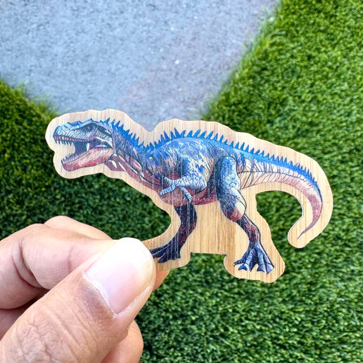 Allosaurus Dinosaur Bamboo Wood Sticker, Made in Las Vegas for wholesale by AFK Design Co