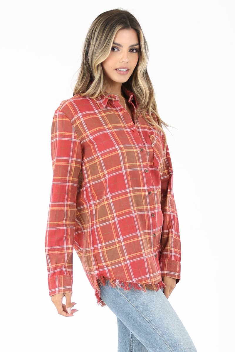 ANGIE - Wholesale Button Down Shirt - Women's - B2U78-RS34 PLAID BUTTON FRONT SHIRT WITH FRAYED HEM1