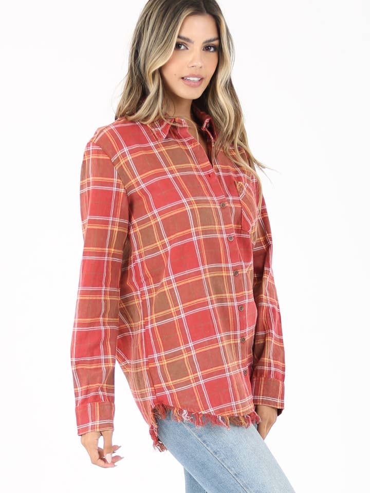 ANGIE – Engroshandel Skjorte med buttondown – til kvinder – B2U78-RS34 PLAID KNAP FORAN SKJORTE MED FLOSSEDE HEM1