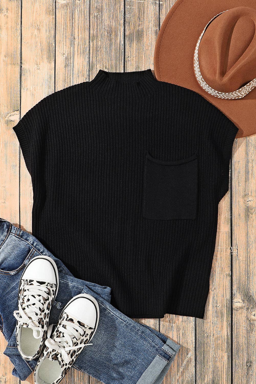Threaded Pear - Wholesale Knit Sweater - Women's - Lindsey Patch Pocket Ribbed Knit Short Sleeve Sweater6