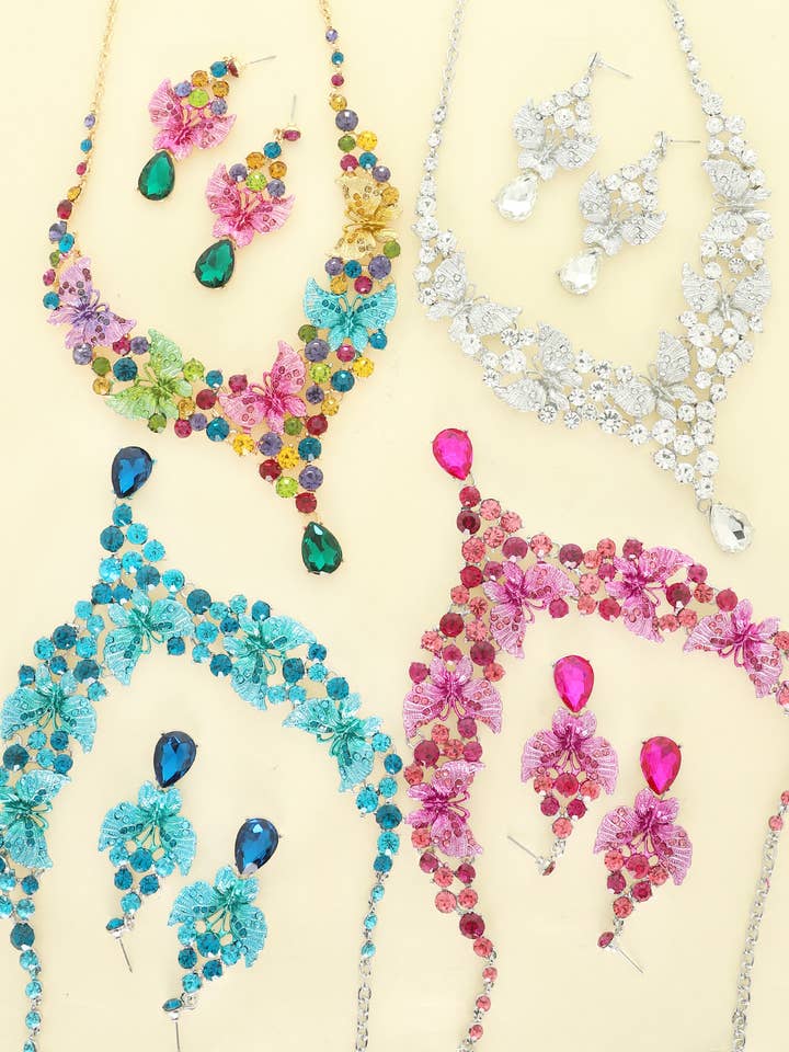 Butterfly Rhinestone Cluster V-Shaped Necklace Set for wholesale by SP Sophia Collection