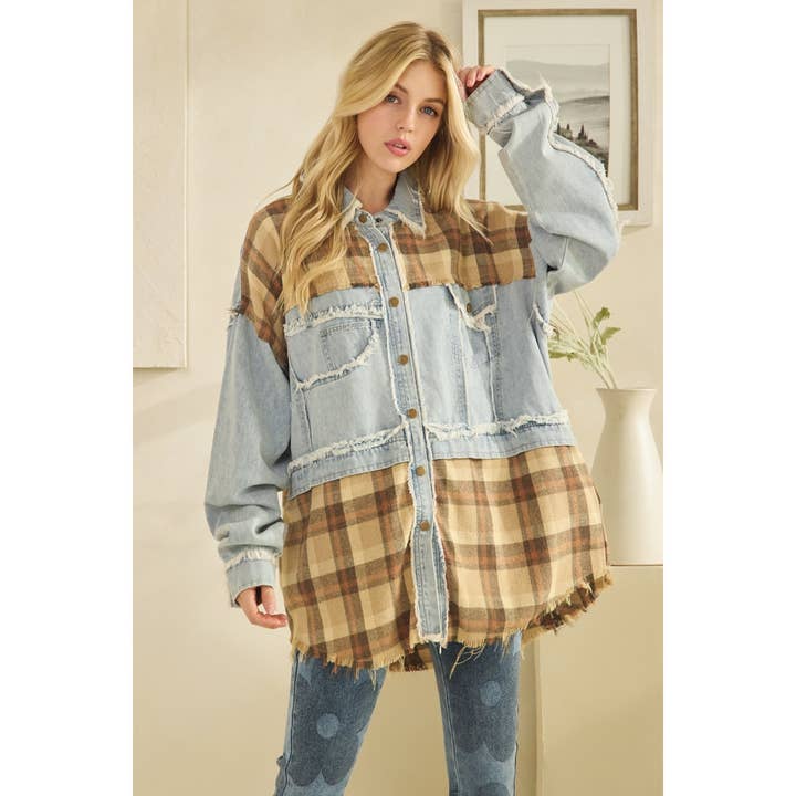 WASHED PLAID DENIM MIX BUTTON DOWN SHACKET for wholesale by Oli&Hali