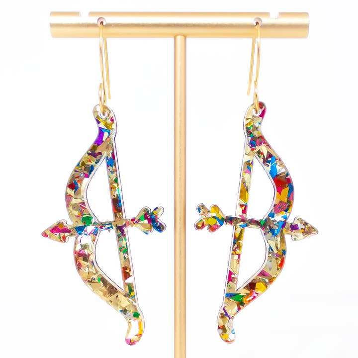 Valentines Earrings Bow & Arrow Glitter Acrylic Dangles for wholesale by Momenti di Vita