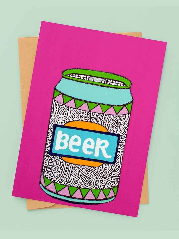 Pink Colorful Beer Can - Blank Greeting Card for Girly Girls for wholesale by The Blank Canvas Company