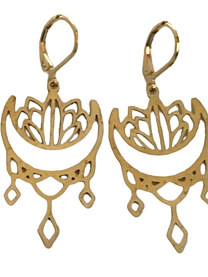 Brass Lotus Moon Earrings for wholesale by Dreamspirit