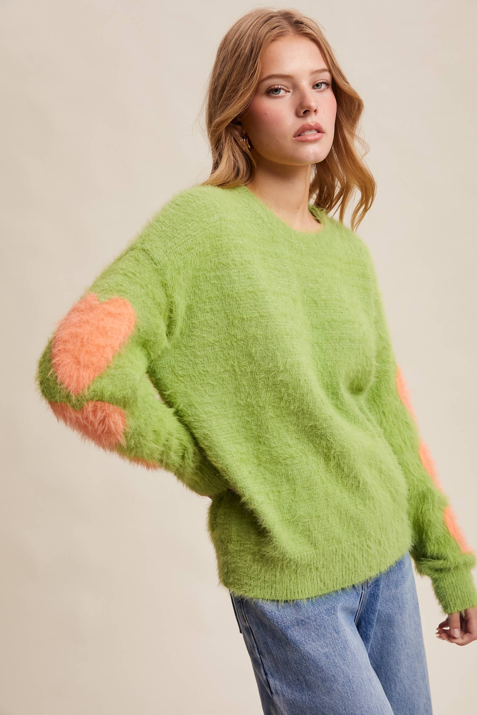 Listicle - Wholesale Knit Sweater - Women's - Fuzzy Heart-Sleeve Pullover Sweater LSW08725
