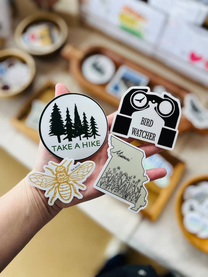 Take a Hike, Be Kind, Bird Watcher, Custom State StickerĀ for wholesale by Ajk Designs