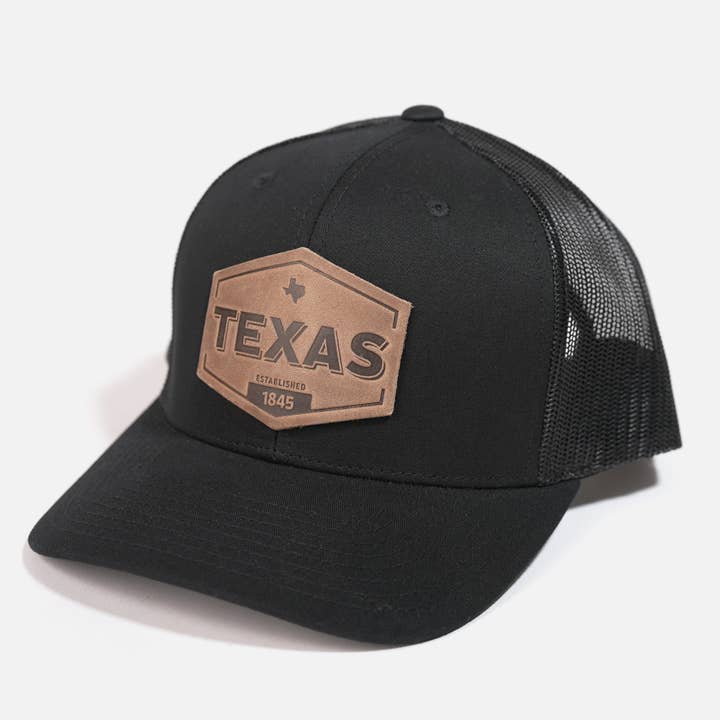 Texas Established Hat | Leather Patch Trucker Hat for wholesale by Range Leather Co.