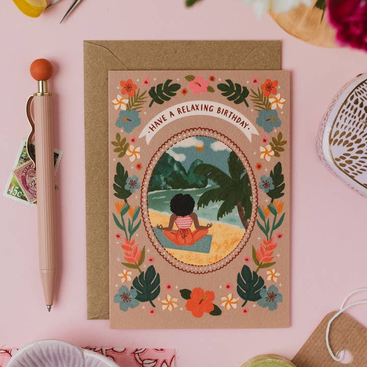 Jessie Maeve Studio - Wholesale Birthday Card - Tropical Beach Yoga Birthday Card - Have A Relaxing Birthday6