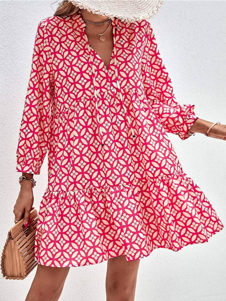 Queen Fashion - Wholesale Dress - Women's - floral print tie neck smock dress1