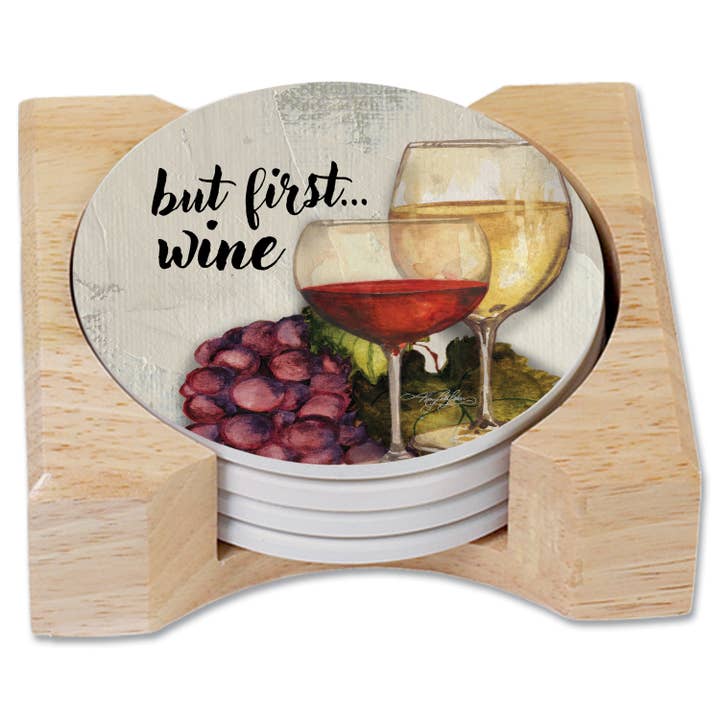 Wine Time Round Stone Coasters w/Wooden Coaster Holder for wholesale by Conimar Promotions