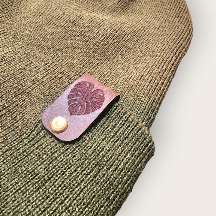 Olive Branch Laserworks - Wholesale Beanie - Women's - Beanie with monstera leaf leather cuff detail