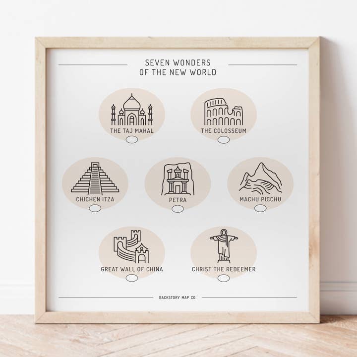 Affiche : liste des Sept Merveilles à visiter pour la vente par Backstory Map Co.