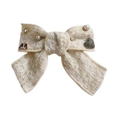 Off White Handmade Tweed With Charms hair Barrette/ bow for wholesale by Fleur de lys collections