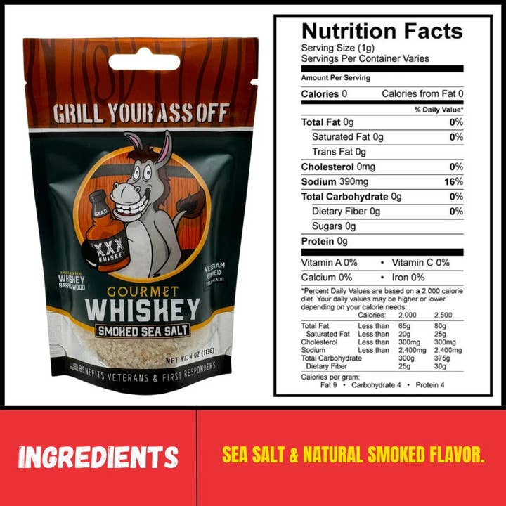 Grill Your Ass Off - Spices, Rubs, Seasonings, Sauces, Jerky - Wholesale Salt - Whiskey Smoked Sea Salt - Savory, Bourbon, Finishing, Meat