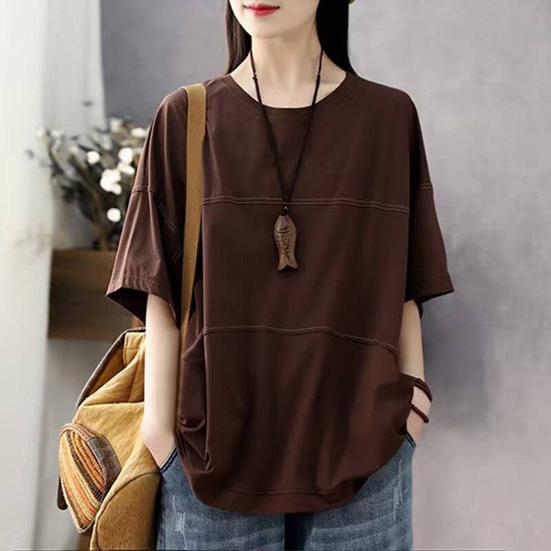 UZ Wholesale Store - Vendita all'ingrosso Maglietta - Donna - T-shirt casual dalla vestibilità rilassata con pannelli a righe1