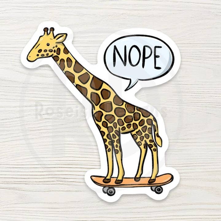 Funny Giraffe on Skateboard Water Bottle Sticker - "Nope" Relatable Quote Decal - Sarcastic Humor Gift for wholesale by Roseish Designs