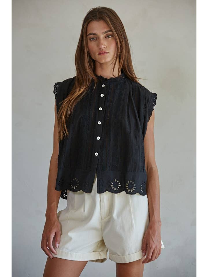 By Together - Wholesale Button Down Shirt - Women's - L8162 | Woven Cotton Eyelet Buttondown Sleeveless Top